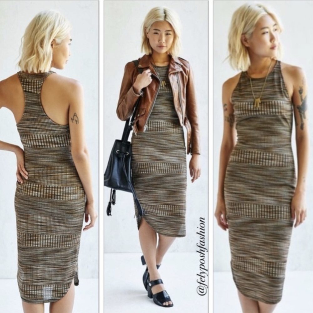 Ecote OU Space-Dye Tan Gold Sleeveless Rib Sweater Knit High-Neck Midi Dress- S